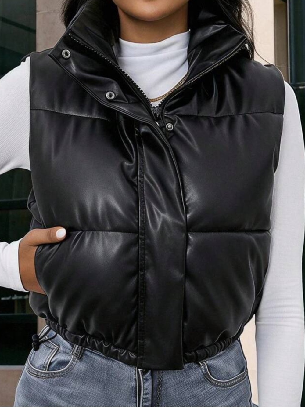 SHEIN Black Faux Leather Puffer Vest